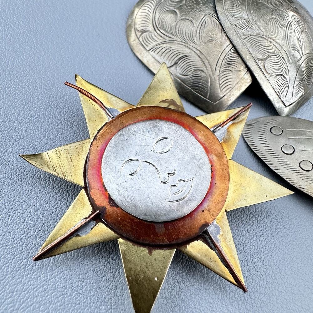 Vintage Sun Face Brooch Silver Tone Mixed Metal Butterfly Heard Southwest Lot - Picture 3 of 6